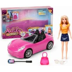 Anlily dukke i pink sportsvogn - 32 cm bil