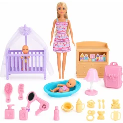 Anlily dukke med baby, krybbe og tilbehør - 32 cm