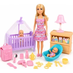 Anlily dukke med baby, krybbe og tilbehør - 32 cm