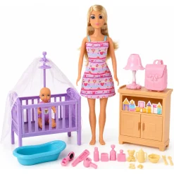 Anlily dukke med baby, krybbe og tilbehør - 32 cm