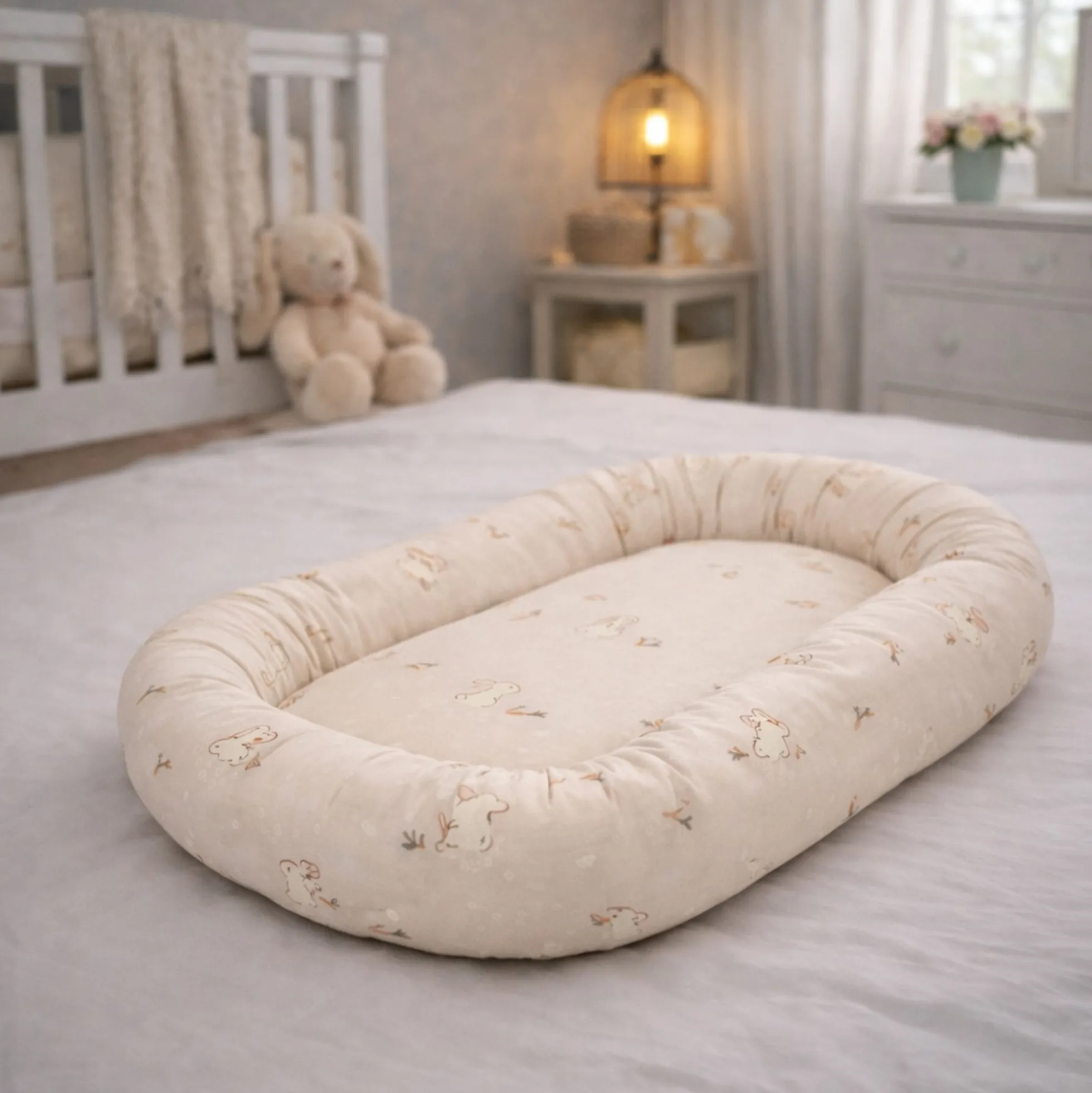 Babynest - 86x46x14,5 cm - Sandfarvet med kaniner