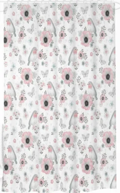 Badeforhæng - 180x180 cm - Hvidt med blomster og fugle - Bruseforhæng klar til ophæng