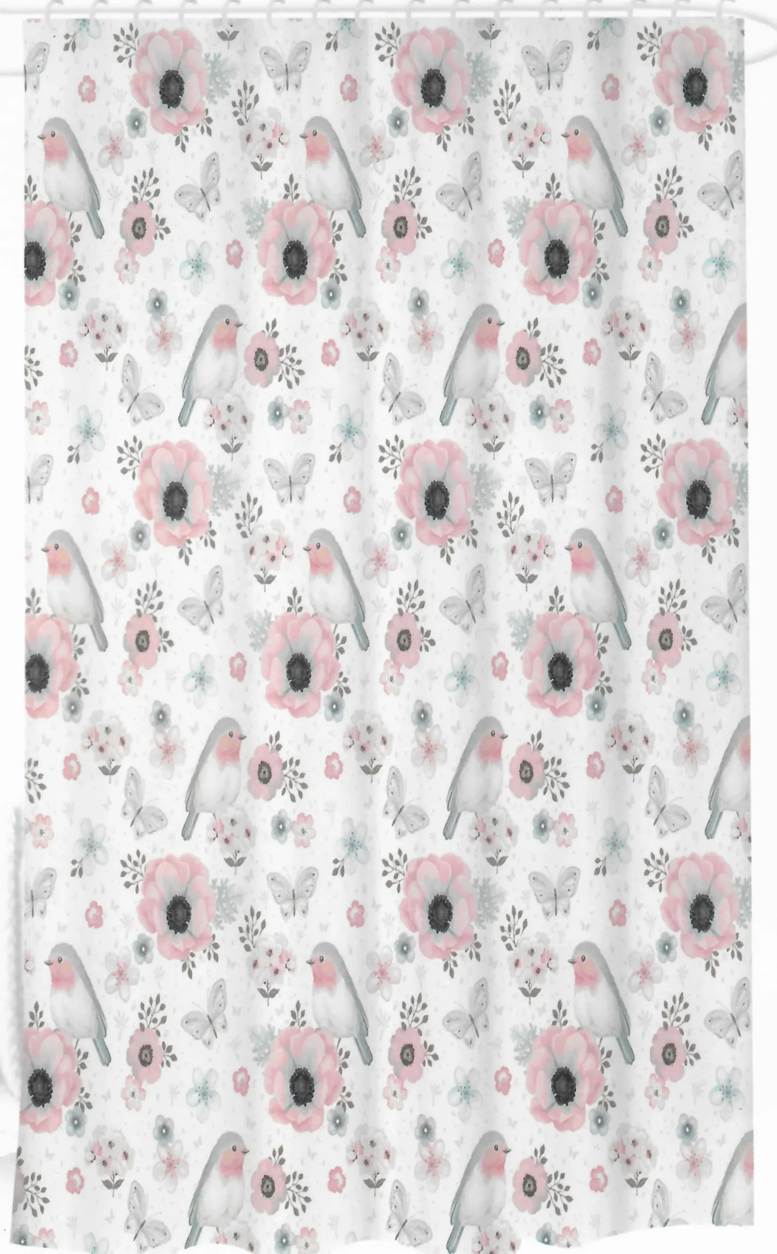Badeforhæng - 180x180 cm - Hvidt med blomster og fugle - Bruseforhæng klar til ophæng