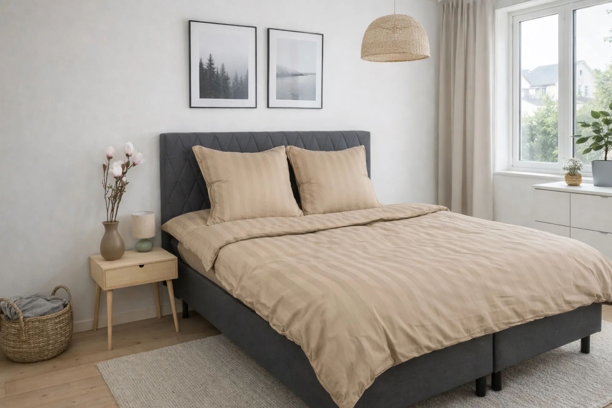 Bambus sengetøj 140x220 cm - 100% bambus - Sandfarvet jacquardvævet striber