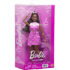 Barbie Deluxe Style mørk dukke - Pink denim nederdel og høreapperat - 30 cm
