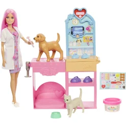 Barbie dyrlægeklinik med dukke, kæledyr og gipsfunktion - 10+ dele