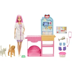 Barbie dyrlægeklinik med dukke, kæledyr og gipsfunktion - 10+ dele
