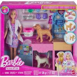 Barbie dyrlægeklinik med dukke, kæledyr og gipsfunktion - 10+ dele