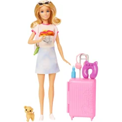 Barbie Malibu rejsesæt med hvalp, kuffert og tilbehør - 14 dele - 30 cm