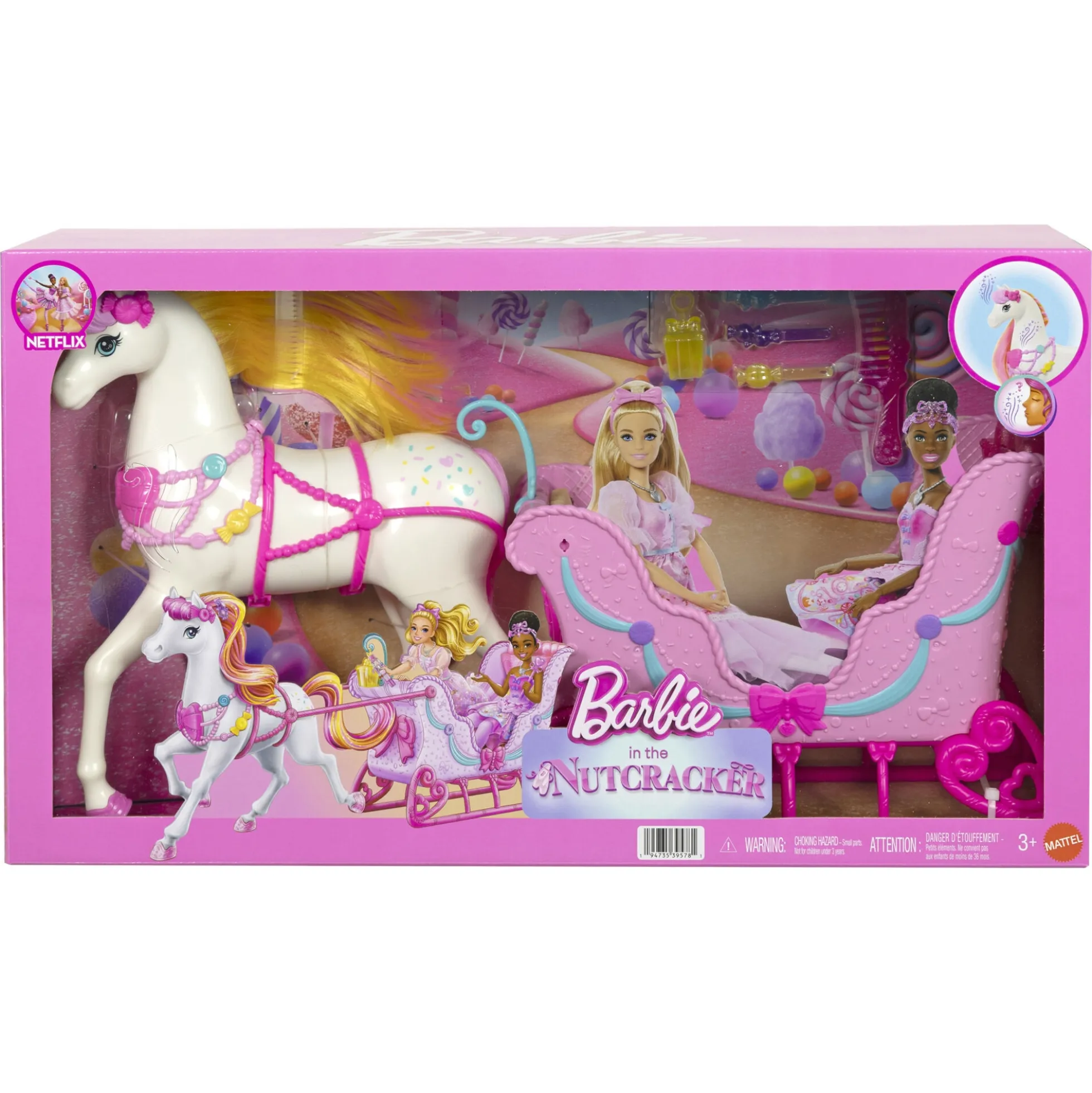 Barbie Nøddeknækkeren hest med slæde og hårpynt - 30 cm