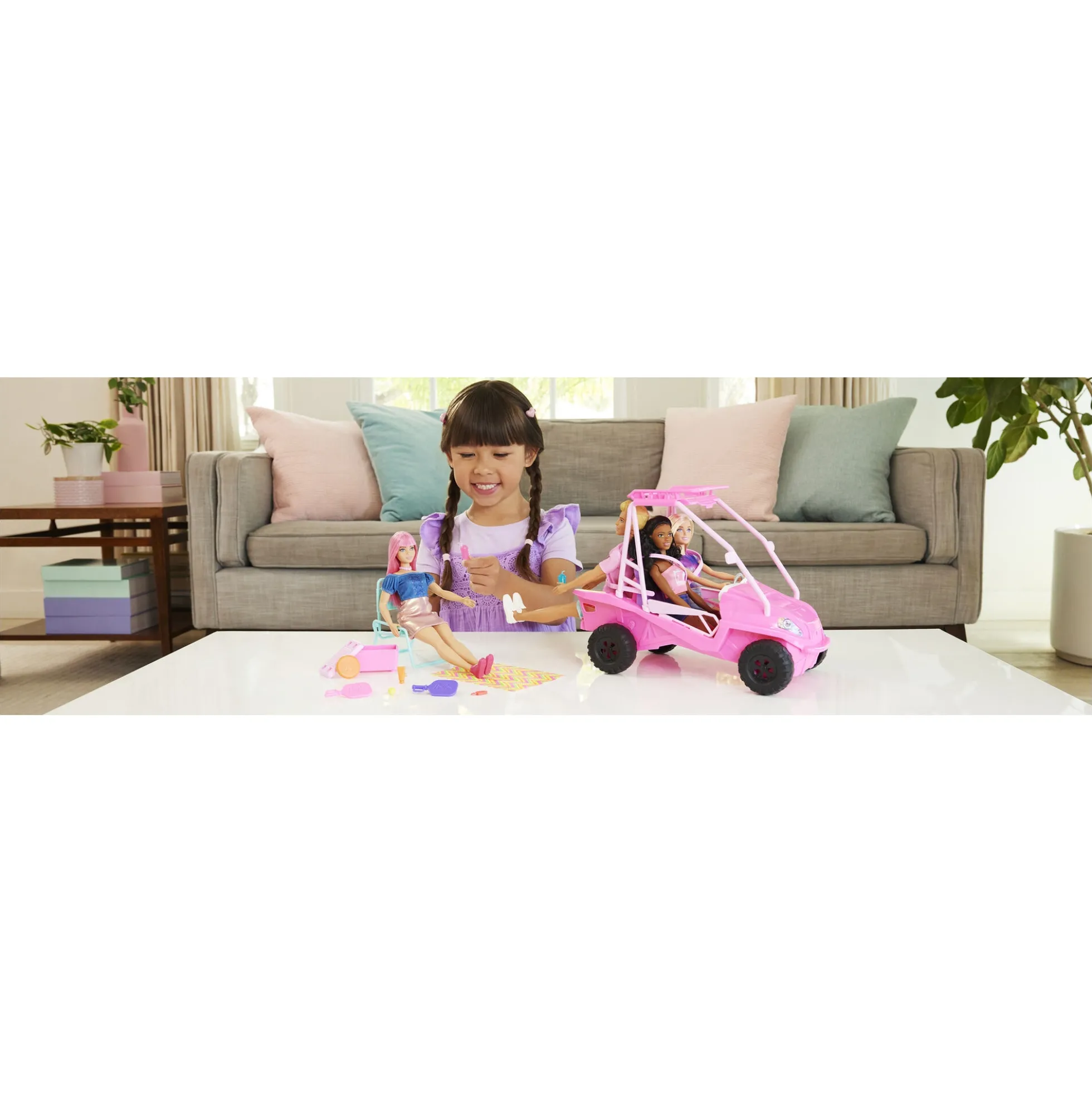 Barbie strandbuggy med strandtilbehør og plads til 4 dukker - 25x35 cm