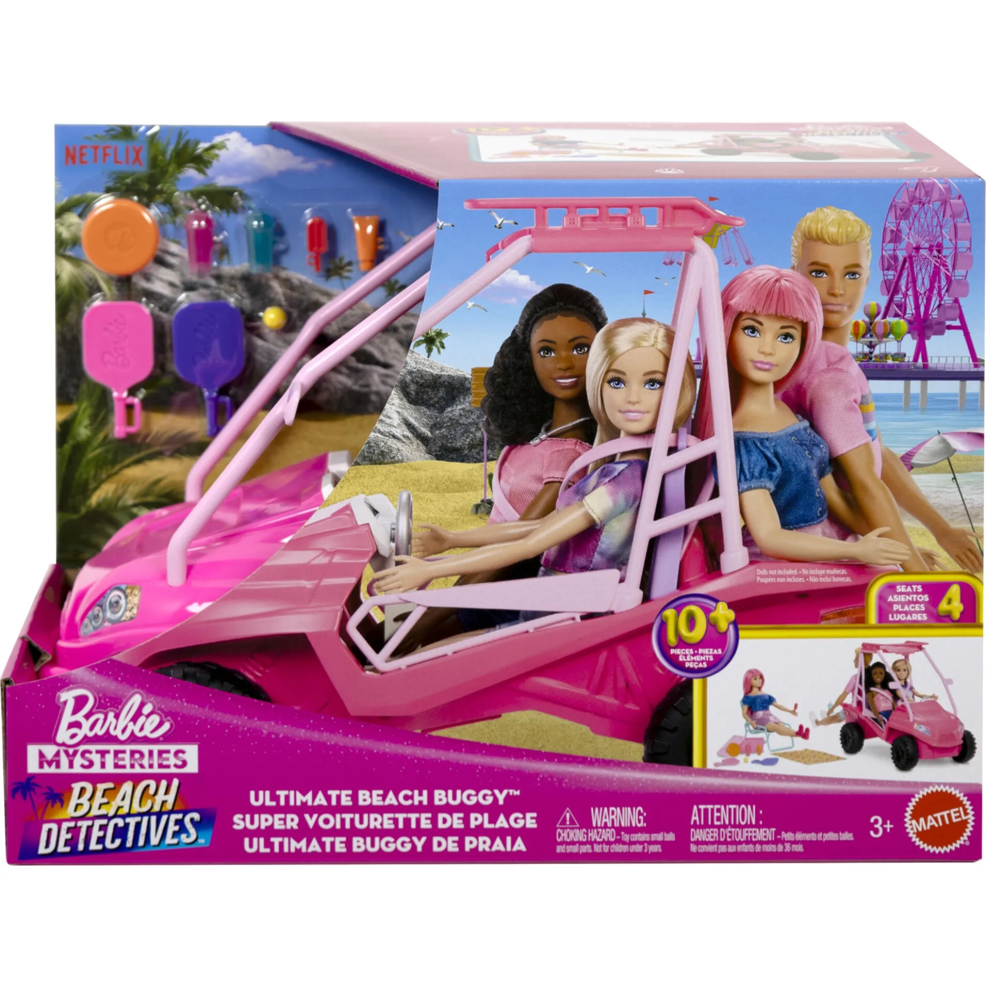 Barbie strandbuggy med strandtilbehør og plads til 4 dukker - 25x35 cm