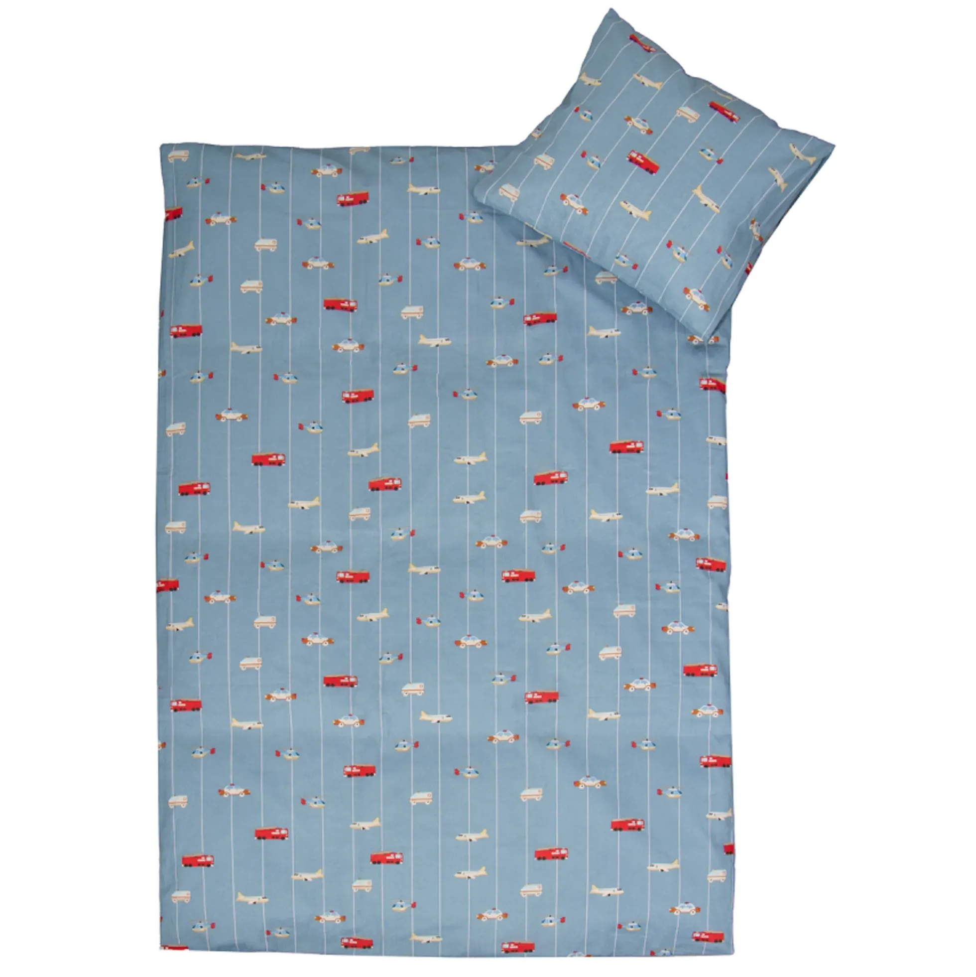 Biler og fly sengetøj - 100% bomuld - Babysengetøj 70x100 cm - Blåt med biler og fly