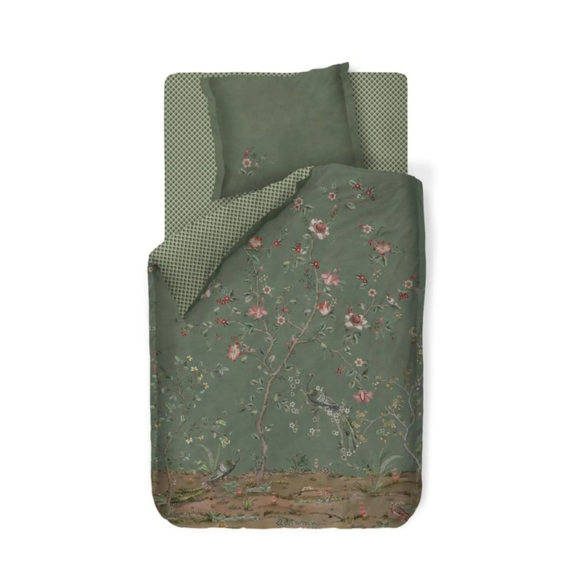 Blomstret sengetøj 140x220 cm - Grønt vendbart sengesæt i 100% blød bomuld - Okinawa green - Pip Studio sengelinned