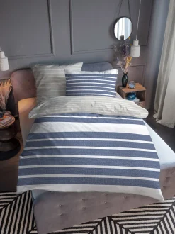 Blå stribet sengetøj 150x210 cm - Blødt bomuldssatin - Blå og hvidt sengesæt - Vendbart design - Tom Tailor