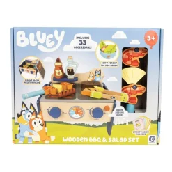 Bluey bordgrill i træ med legemad – 34 dele - Legekøkken tilbehør