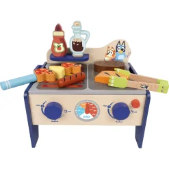 Bluey bordgrill i træ med legemad – 34 dele - Legekøkken tilbehør