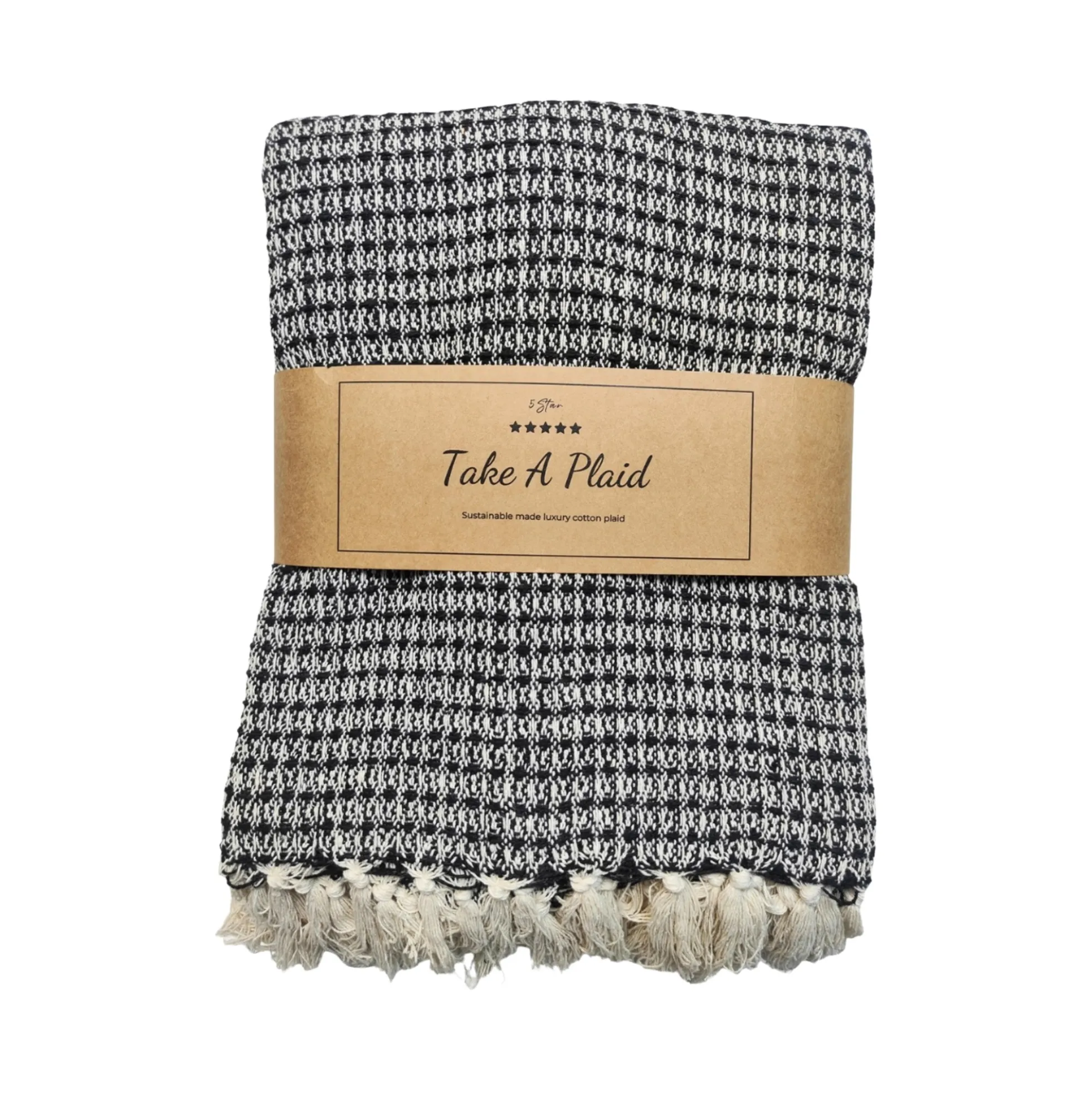 Bomulds plaid - 100% recycled bomuld - 130x180 cm - Hvid med sort mønster