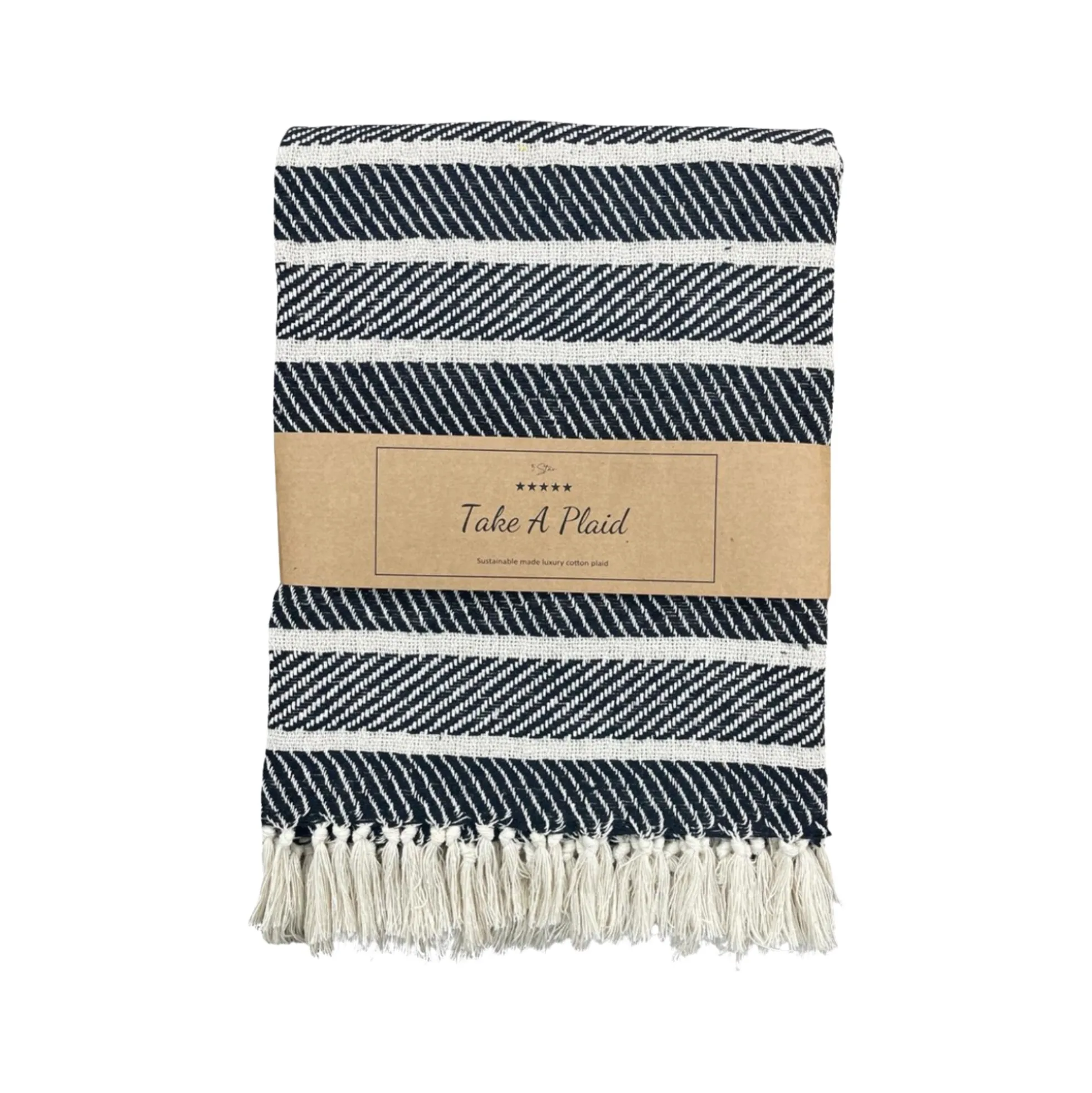Bomulds plaid - 100% recycled bomuld - 130x180 cm - Hvid med sort mønster
