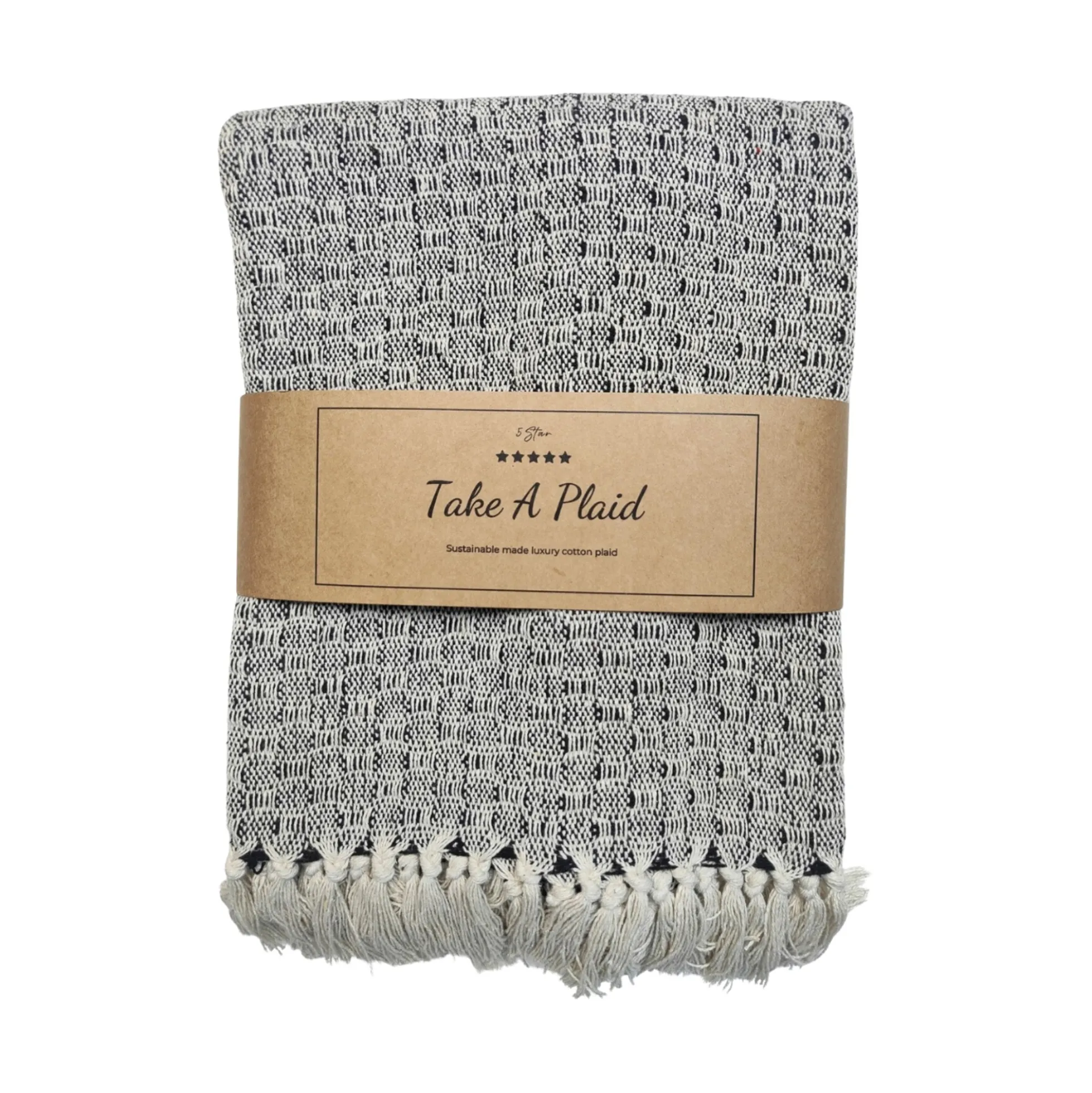 Bomulds plaid - 100% recycled bomuld - 130x180 cm - Hvid med sort mønster