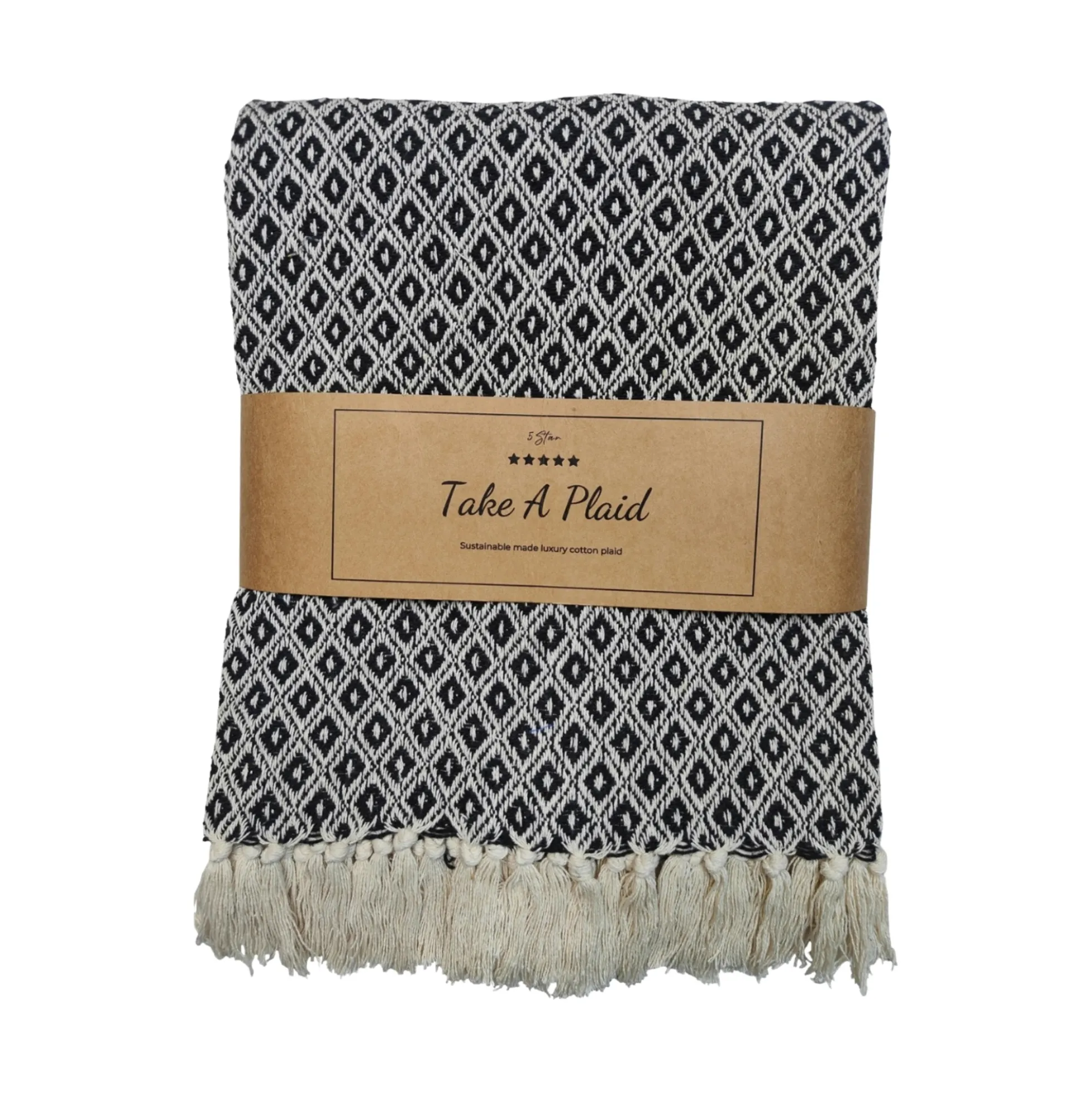 Bomulds plaid - 100% recycled bomuld - 130x180 cm - Hvid med sort mønster
