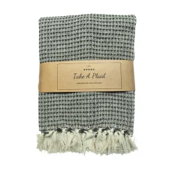 Bomulds plaid - 100% recycled bomuld - 130x180 cm - Hvid med grøn mønster