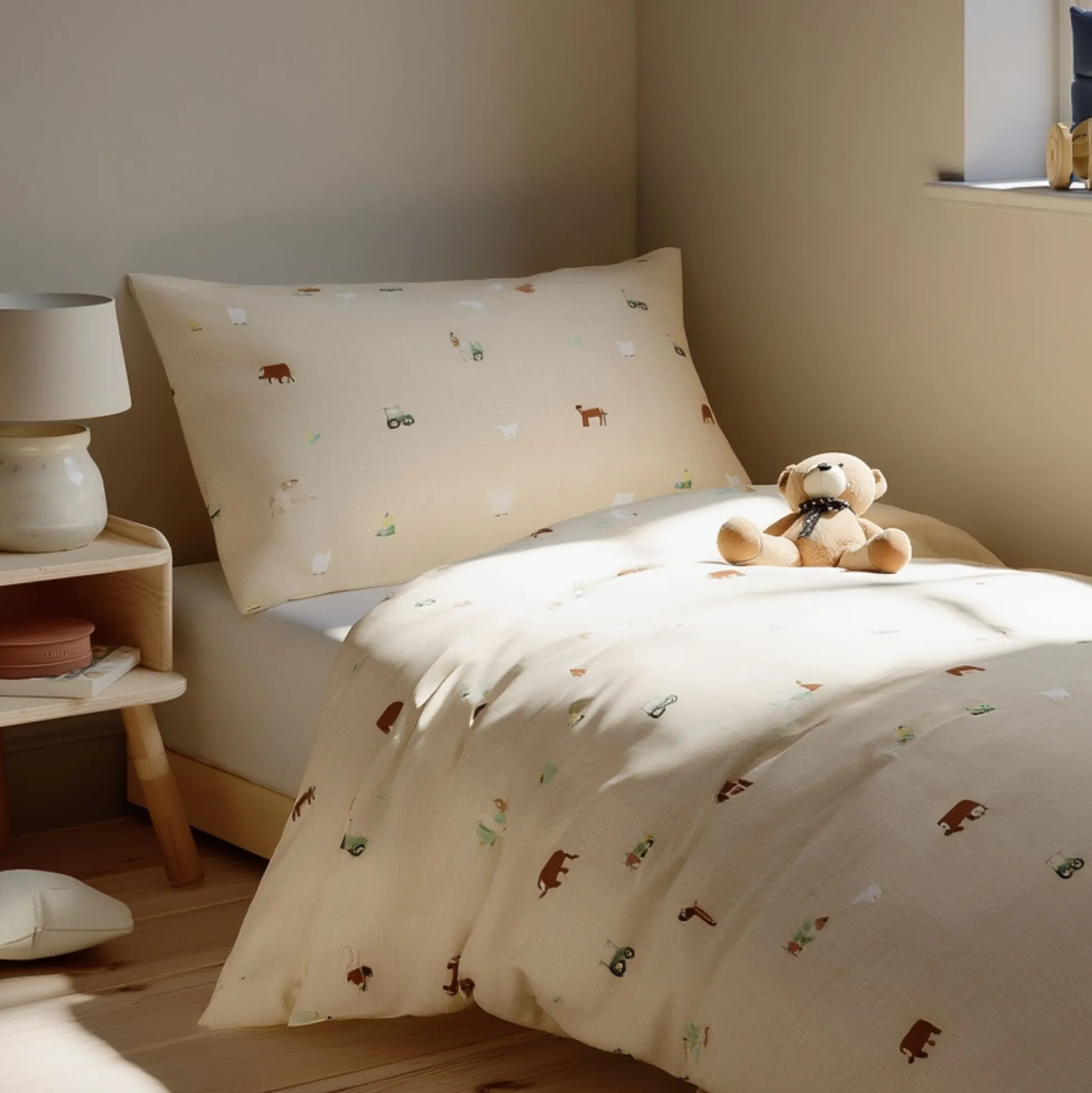 Bondegårdsmotiv sengetøj - 100% bomuld - Junior sengetøj 100x140 cm - Beige med bondegårdsmotiver