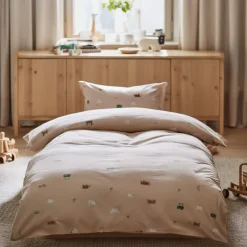 Bondegårdsmotiv sengetøj - 100% bomuld - Babysengetøj 70x100 cm - Beige med bondegårdsmotiver