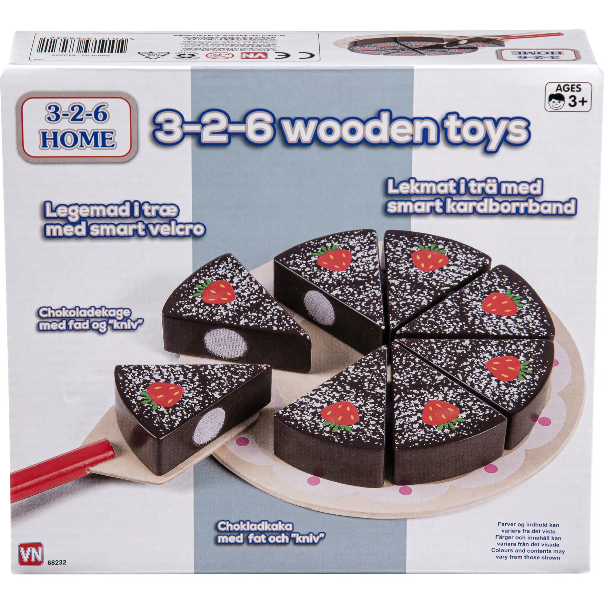 Chokoladekage i træ med velcro, fad og kagespade - køkkenlegetøj - 10 dele