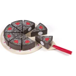 Chokoladekage i træ med velcro, fad og kagespade - køkkenlegetøj - 10 dele