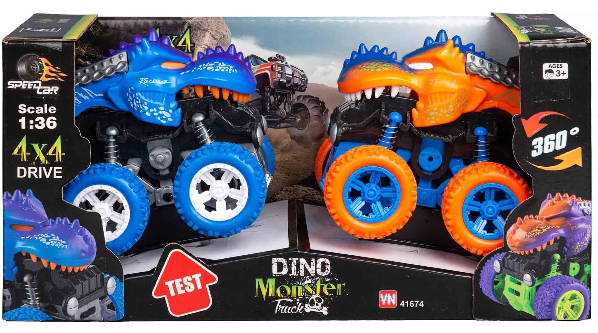 Dinosaur monstertrucks 16x19x13 cm - Sæt med to - Blå og orange