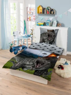 Dinosaur sengetøj - 100% bomuld - Børnesengetøj 140x200 cm - T-Rex og vulkan