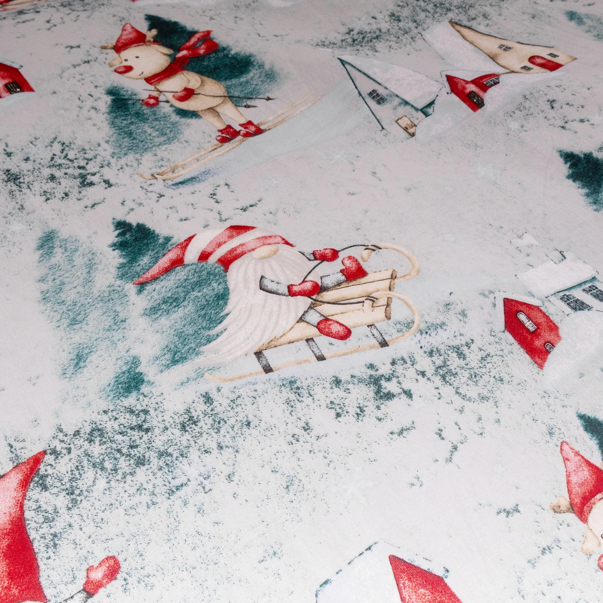 Dobbelt julesengetøj 200x220 cm - 100% bomuld - Gråt med nisse design