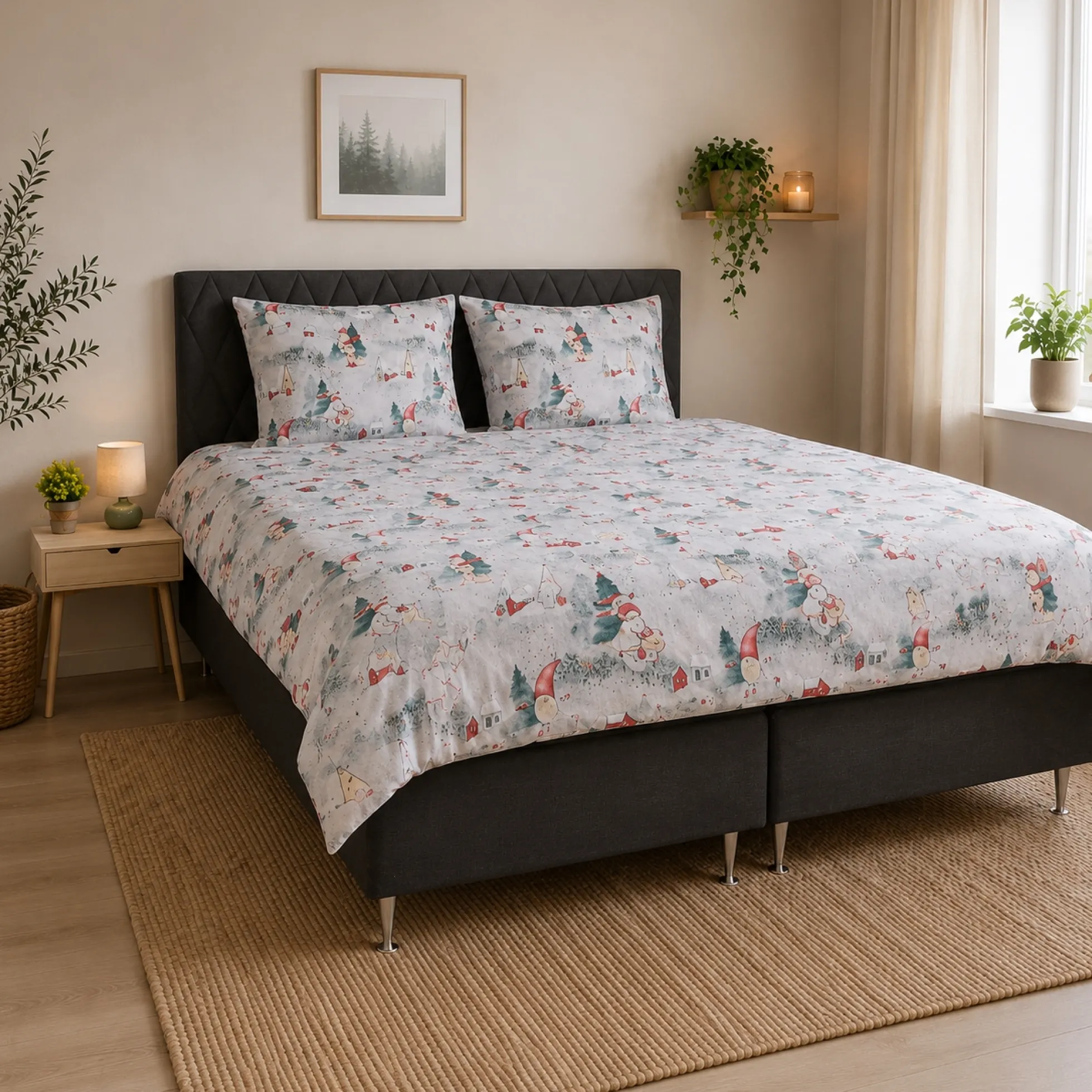 Dobbelt julesengetøj 200x220 cm - 100% bomuld - Gråt med nisse design