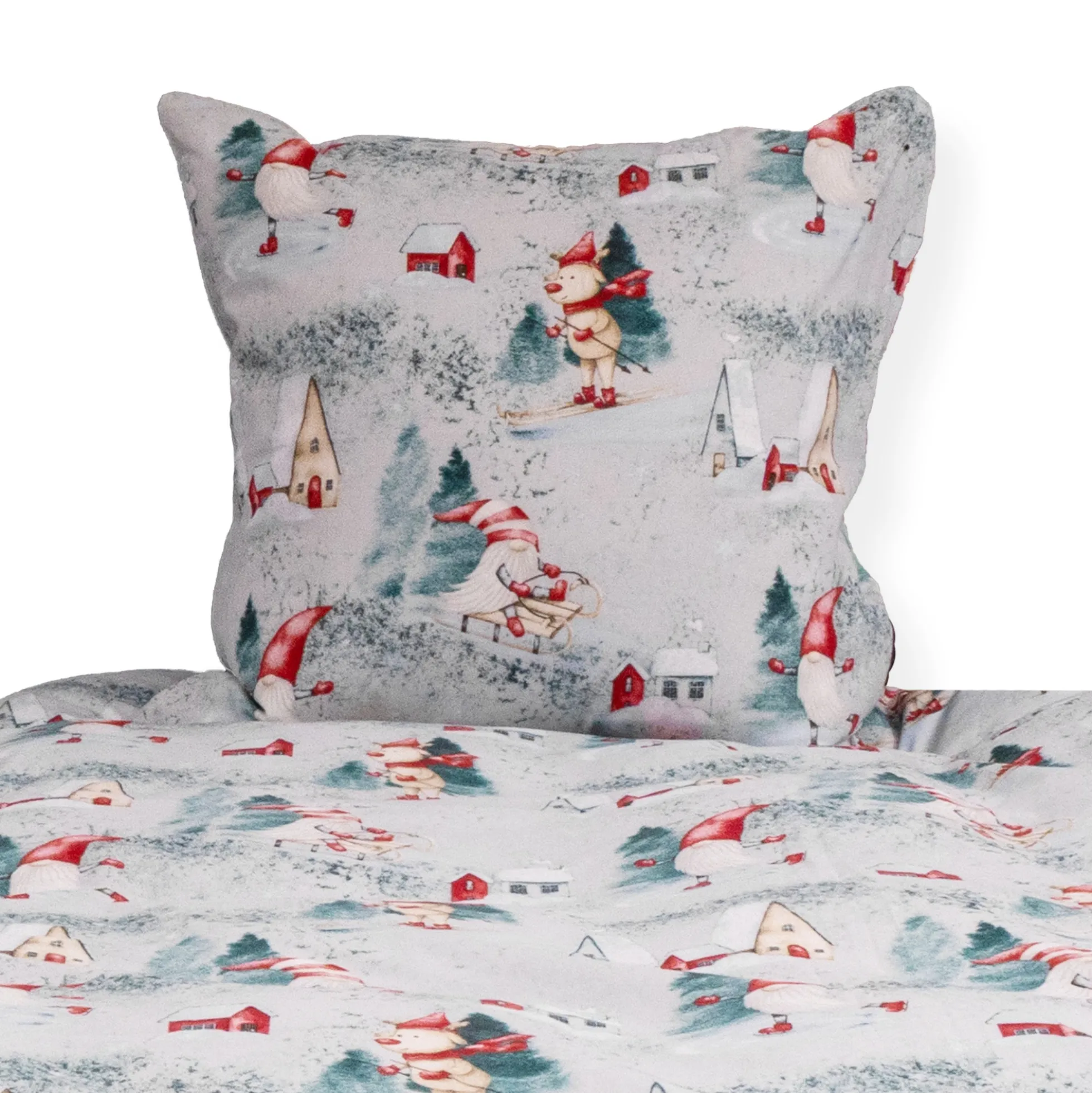 Dobbelt julesengetøj 200x220 cm - 100% bomuld - Gråt med nisse design
