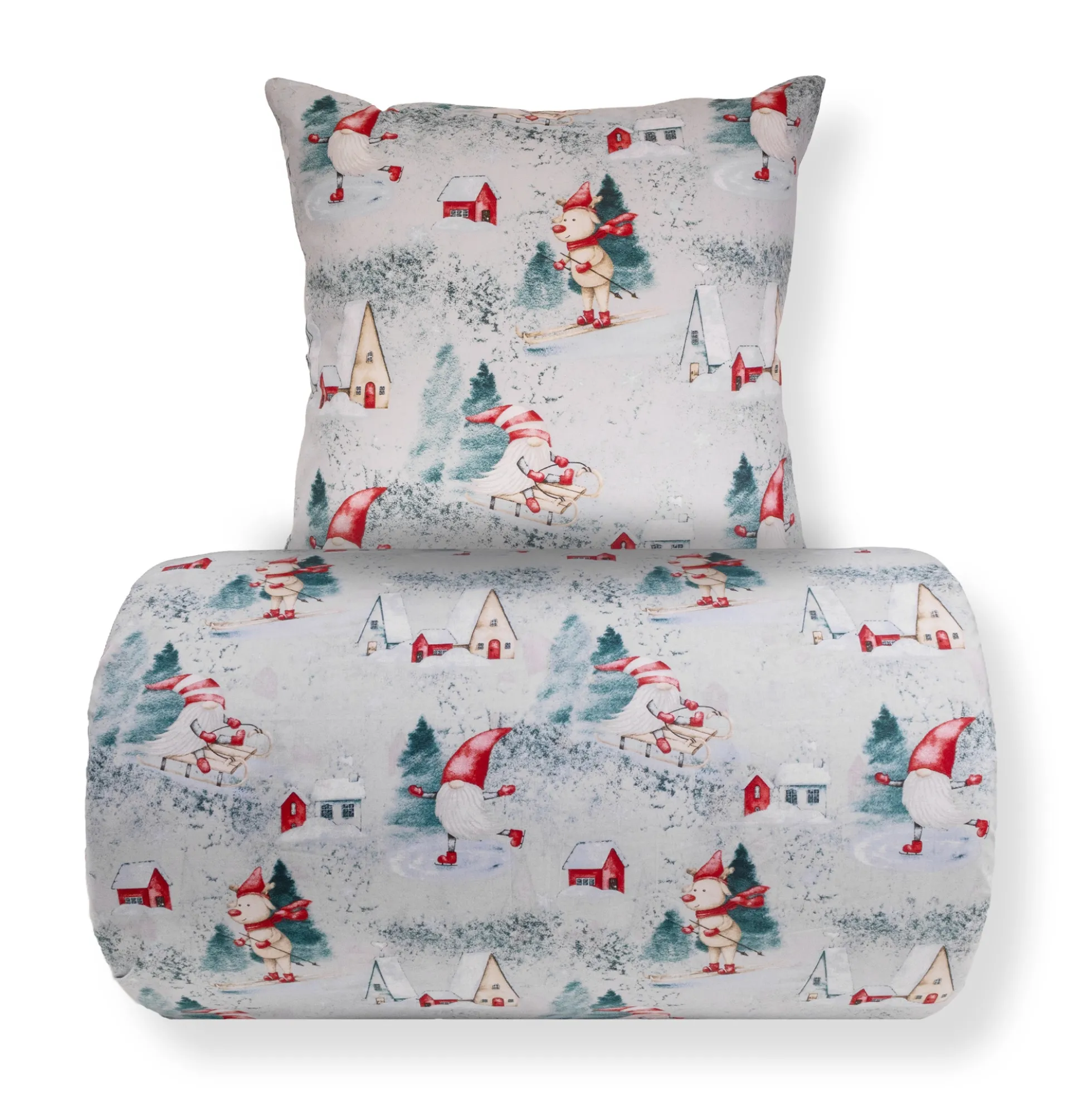 Dobbelt julesengetøj 200x220 cm - 100% bomuld - Gråt med nisse design