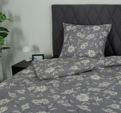Dobbelt sengetøj 200x220 cm - Bæk og Bølge - 100% Bomulds krep - Gråt blomster print