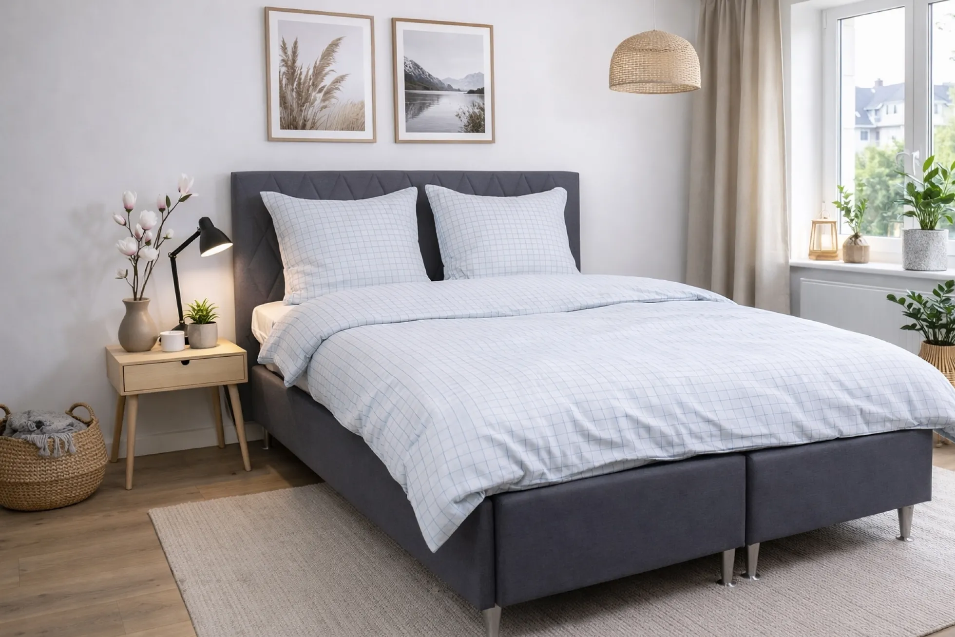 Dobbelt sengetøj 200x220 cm - 100% bomuld - Blåt med mørkeblå tern