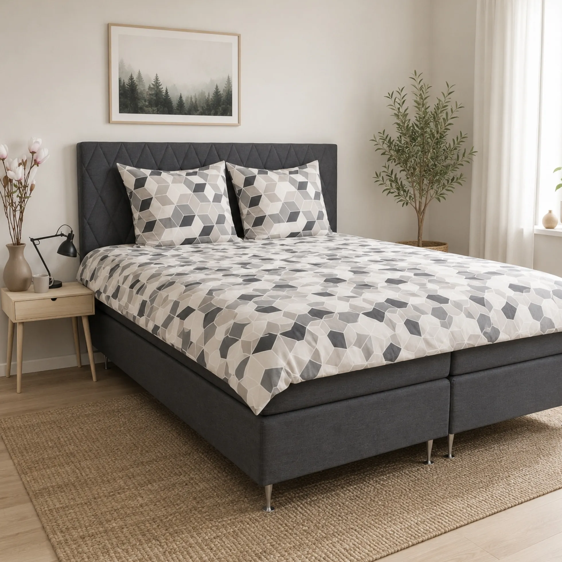 Dobbelt sengetøj 200x220 cm - 100% bomuld - Gråt med grafisk design