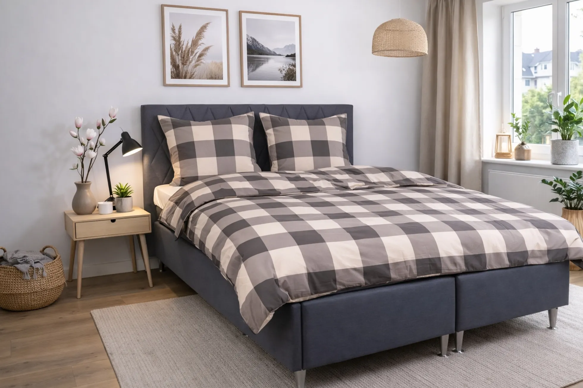 Dobbelt sengetøj 200x220 cm - 100% bomuld - Grå tern