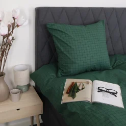 Dobbelt sengetøj 200x220 cm - 100% bomuld - Grønt med mørkegrønne tern