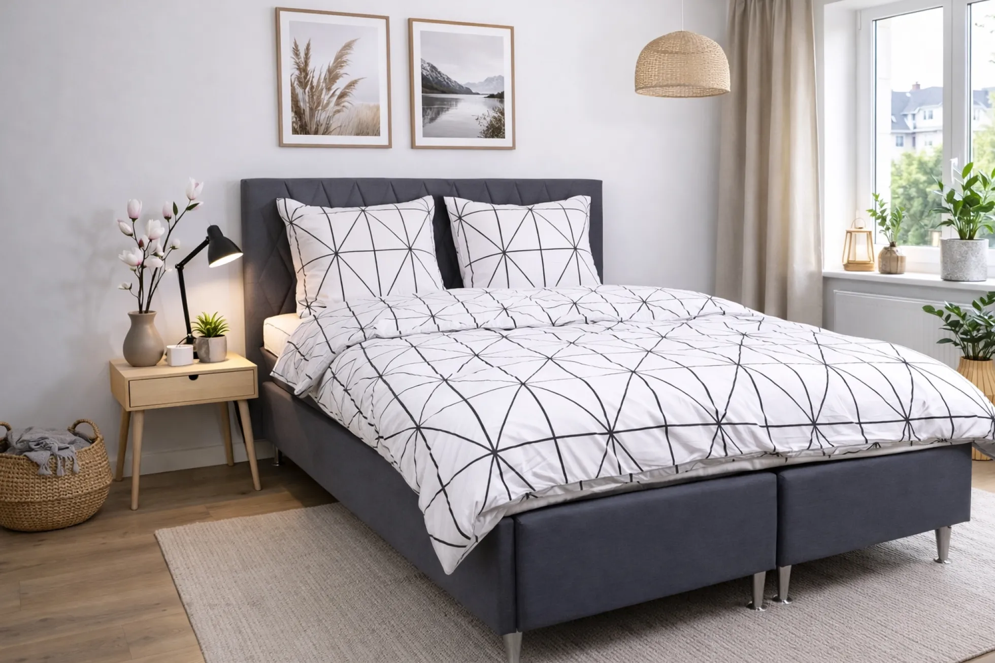Dobbelt sengetøj 200x200 cm - 100% bomuld - Hvidt med sorte harlekintern
