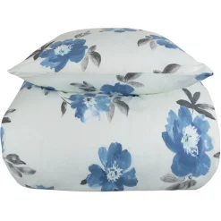 Dobbelt sengetøj 200x220 cm - Bomulds flonel - Hvid med blå blomster