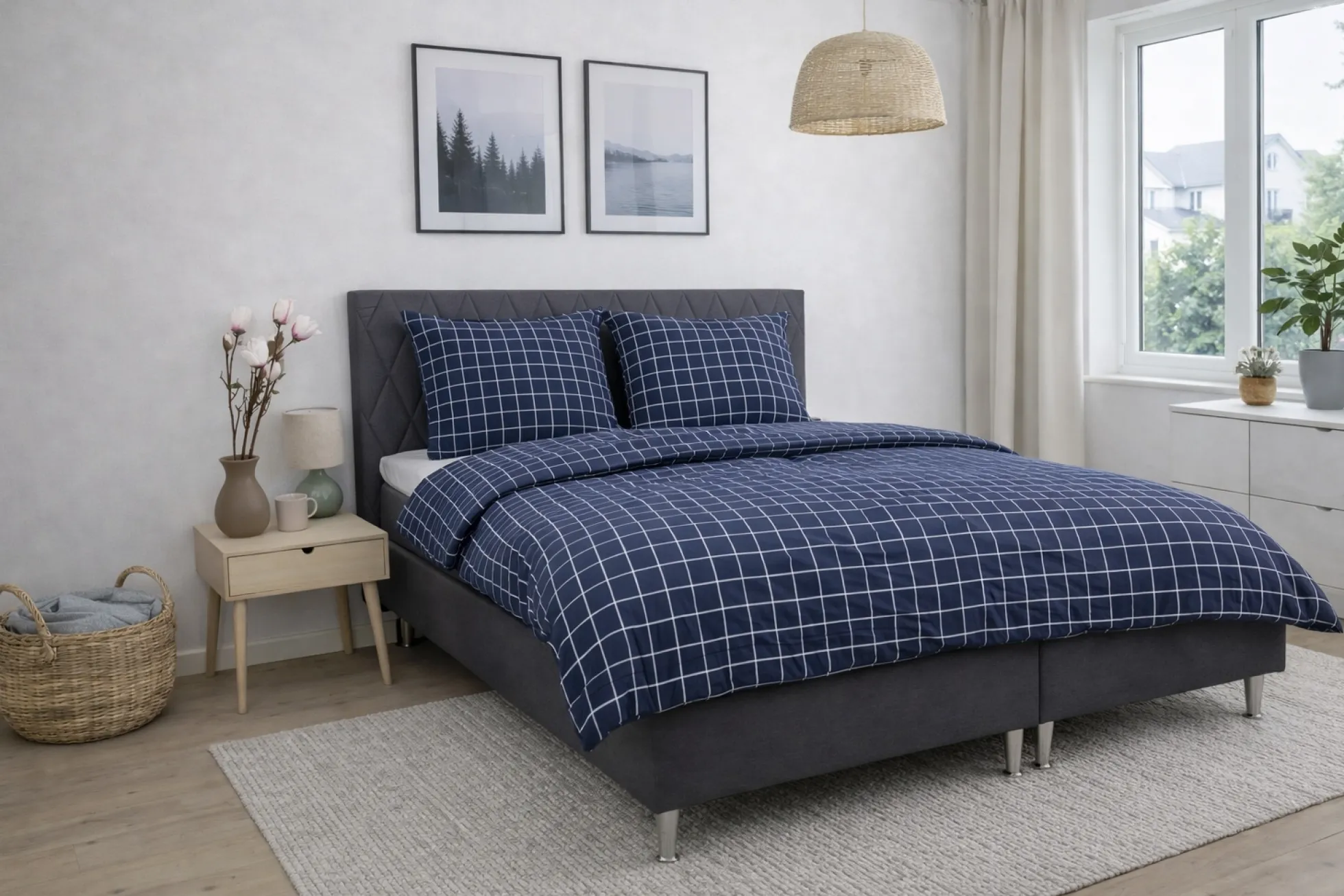 Dobbelt sengetøj 200x220 cm - Bomulds flonel - Blå med hvide tern