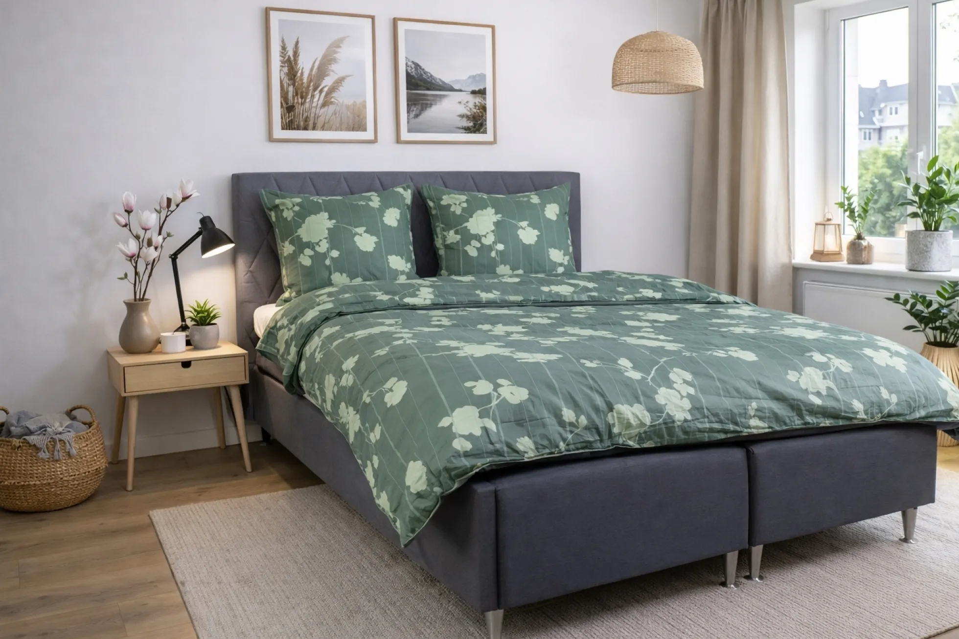 Dobbelt sengetøj 200x220 cm - 100% bomuldssatin - Rosenbloom - Grønt blomstret og stribet print