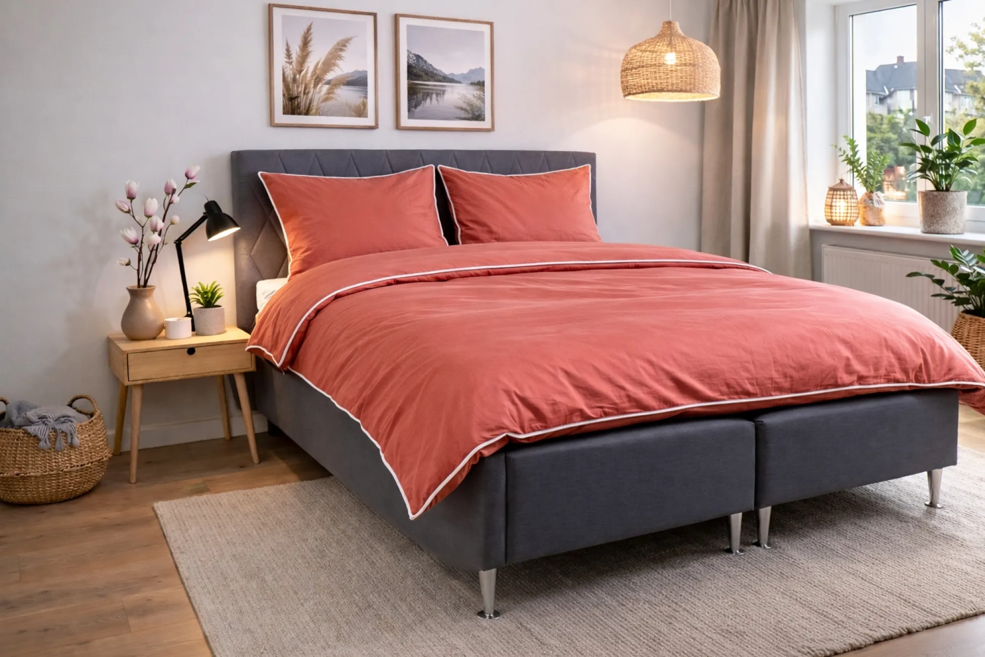 Dobbelt sengetøj 200x220 cm - 100% bomuldssatin - Rosa med lys rosa pipingkant