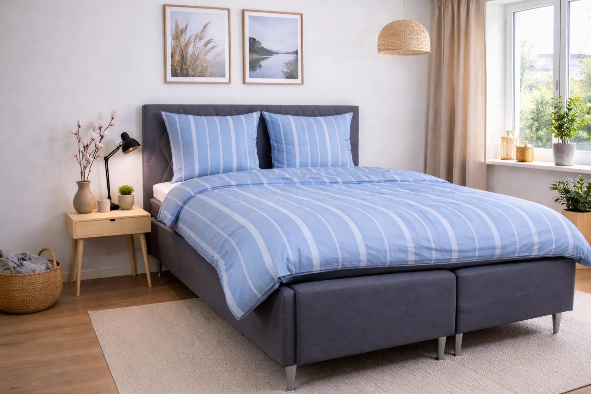 Dobbelt sengetøj 200x220 cm - 100% bomuldssatin - Lana - Blå og lyseblå striber