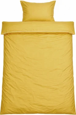 Dobbelt sengetøj 200x220 cm - 100% bomuldssatin - Gul med hvid pipingkant
