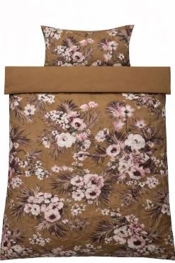 Dobbelt sengetøj 240x220 cm - 100% bomuldssatin - Vendbart karrygult blomster print og prikker