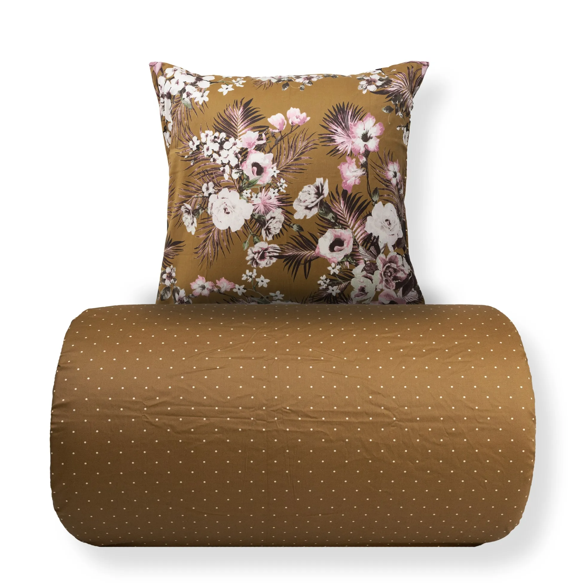 Dobbelt sengetøj 240x220 cm - 100% bomuldssatin - Vendbart karrygult blomster print og prikker